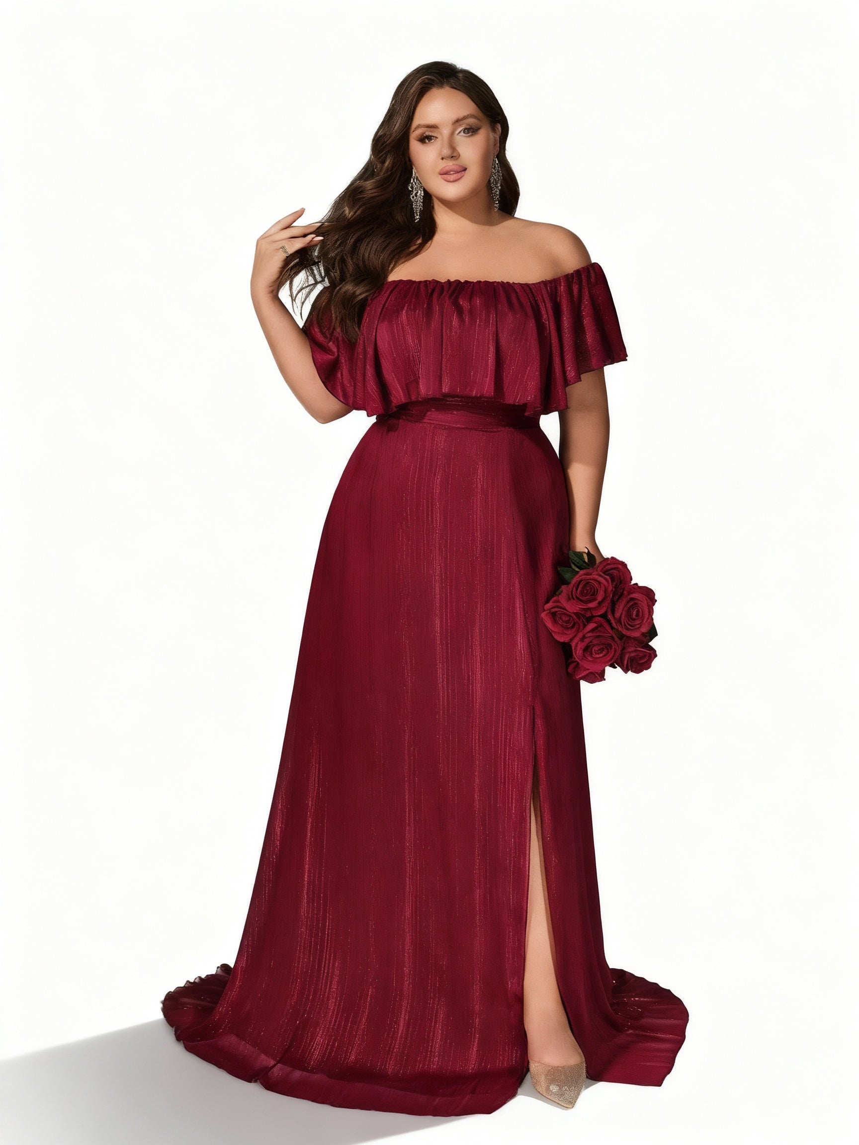 Sovae | Burgunderfarbenes Schulterfreies Abendkleid mit weitem Saum in Übergröße