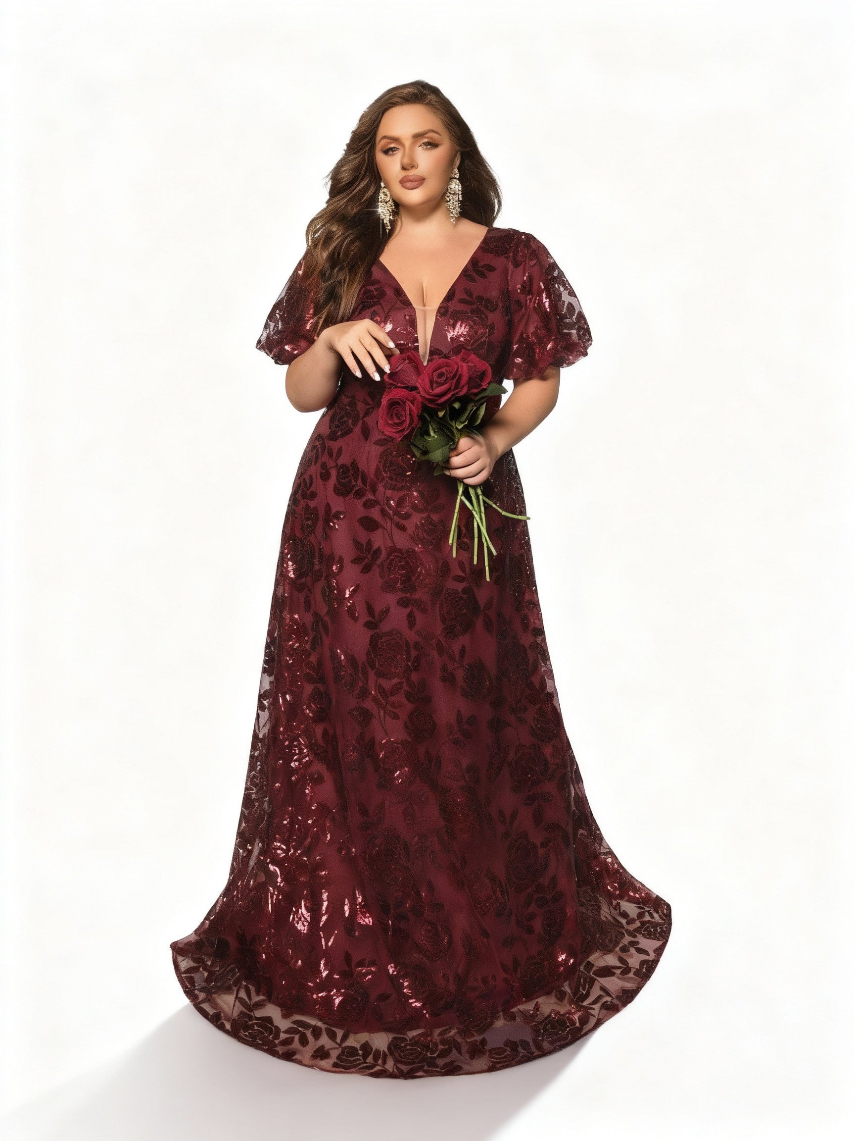 Sovae | Elegantes Burgunderfarbenes Abendkleid mit Perlen und Puffärmeln in Übergröße