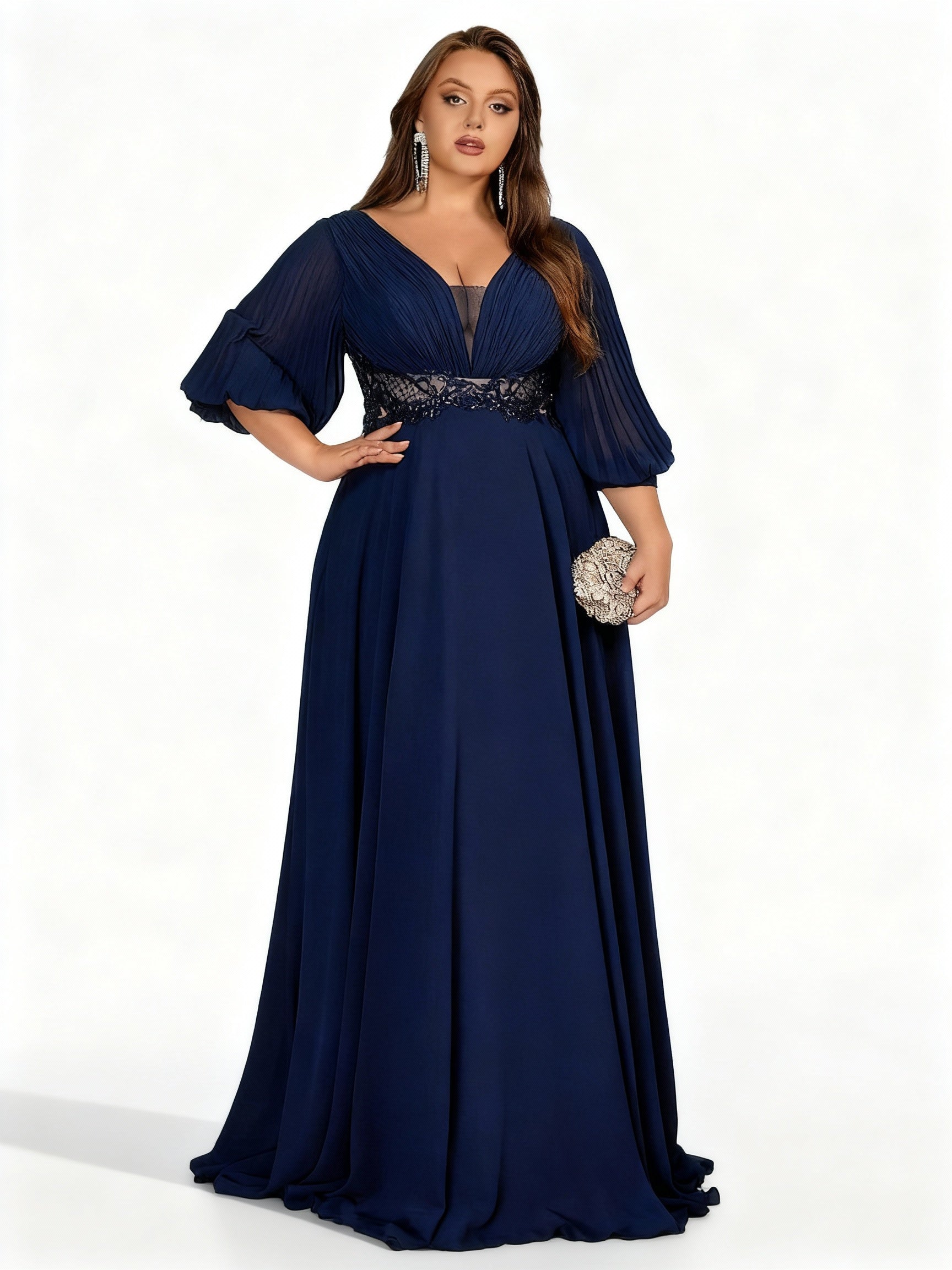 Sovae | Schickes Marineblaues Chiffon Abendkleid mit V-Ausschnitt in Übergröße