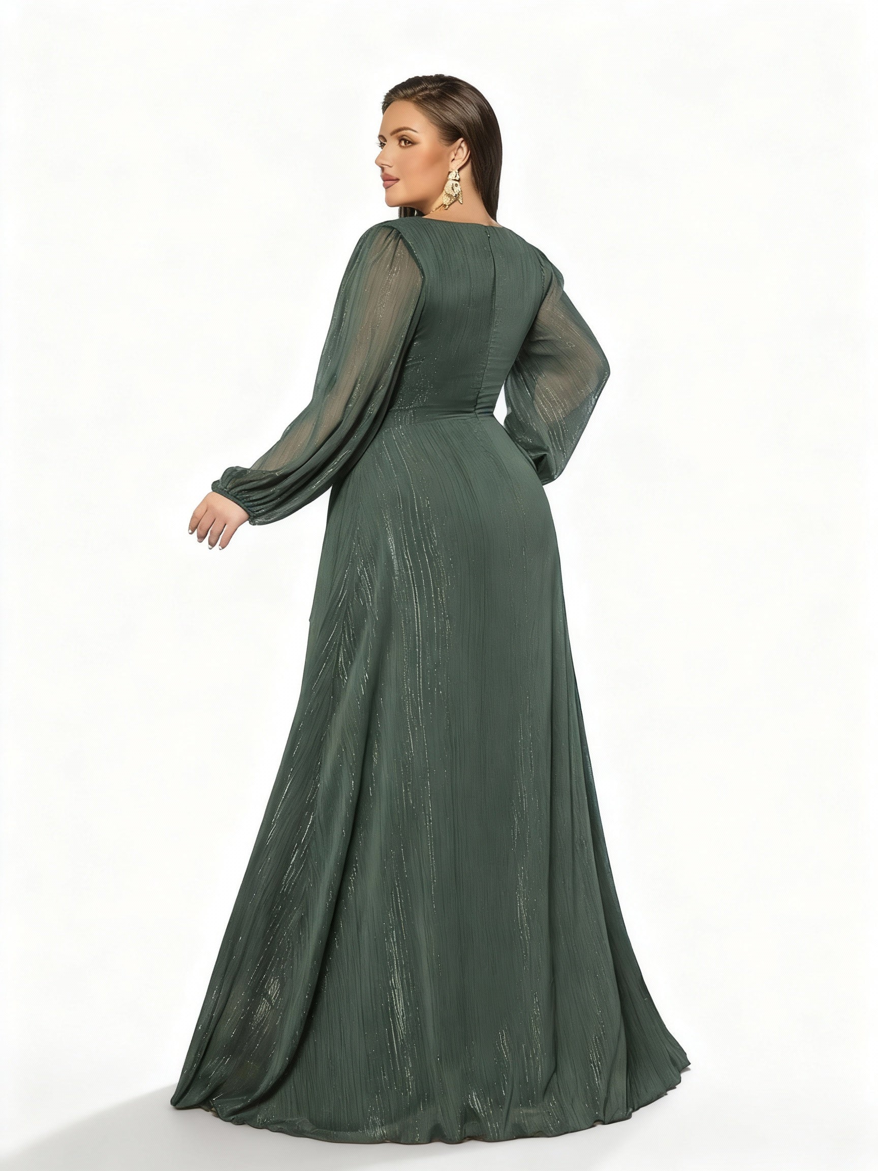 Sovae | Einfarbiges Abendkleid mit Laternenärmeln und Rüschen in Übergröße