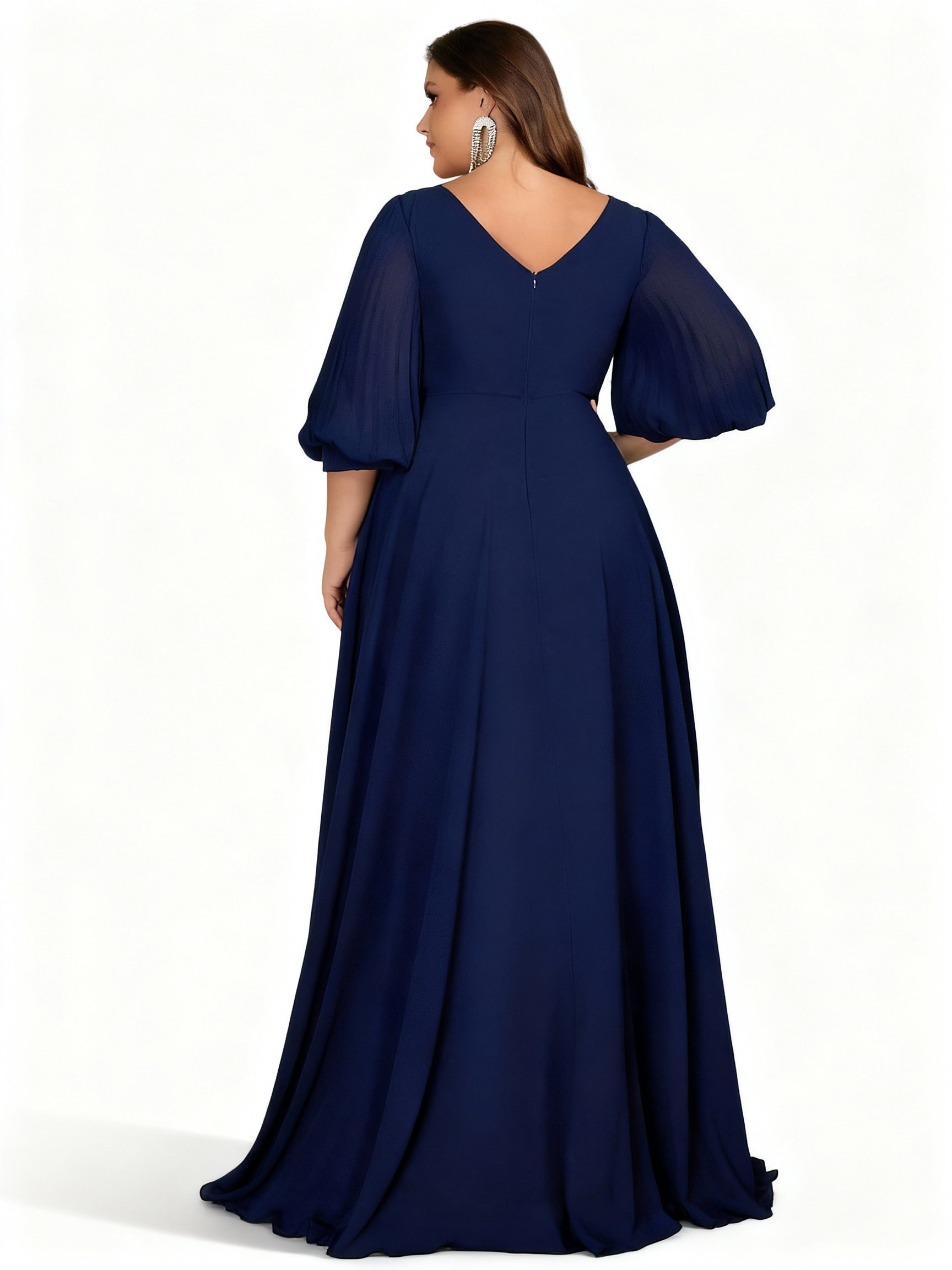 Sovae | Schickes Marineblaues Chiffon Abendkleid mit V-Ausschnitt in Übergröße