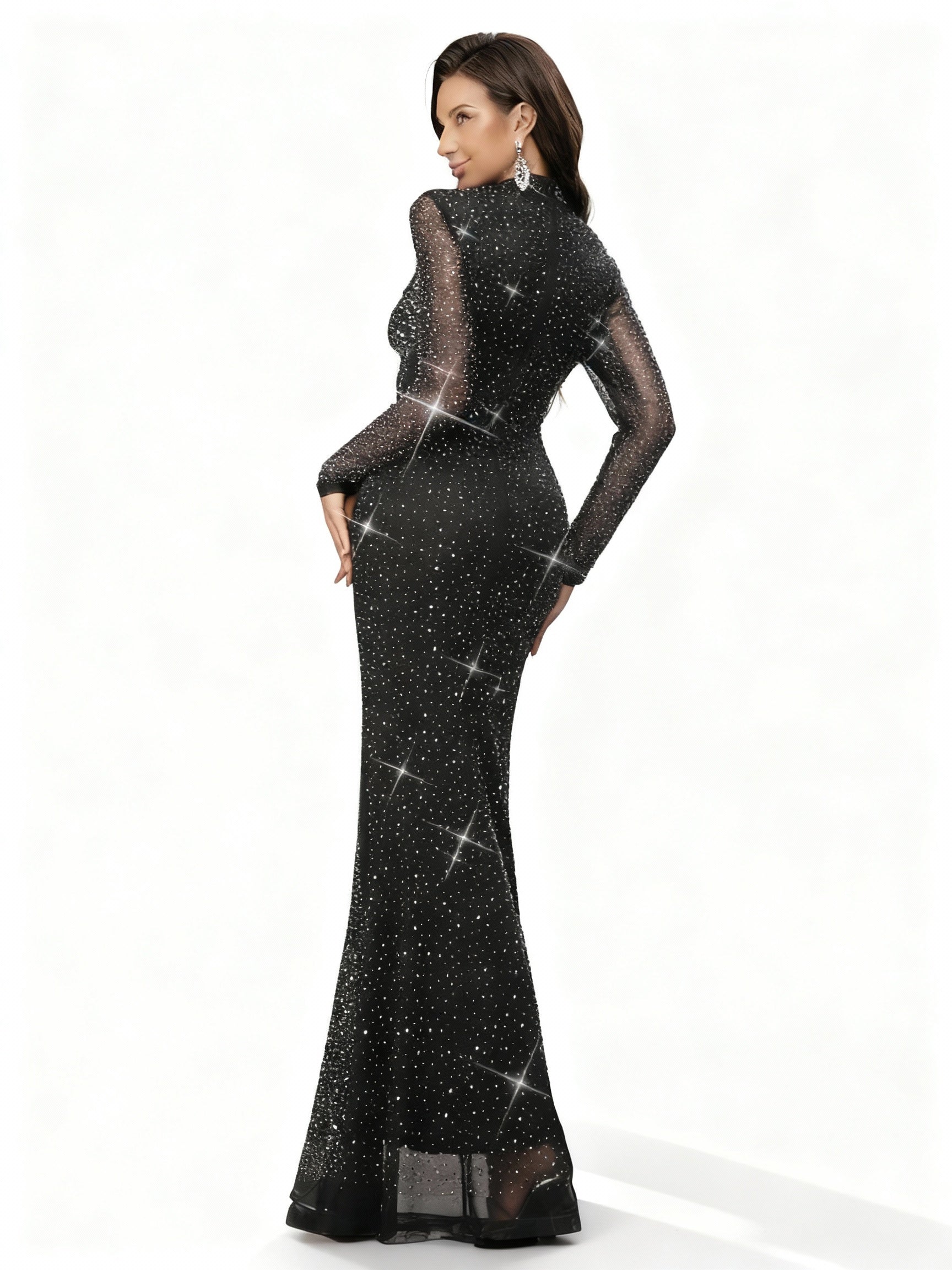 Sovae | Schwarzes Abendkleid mit Strass und Rundhalsausschnitt in Meerjungfrauenform