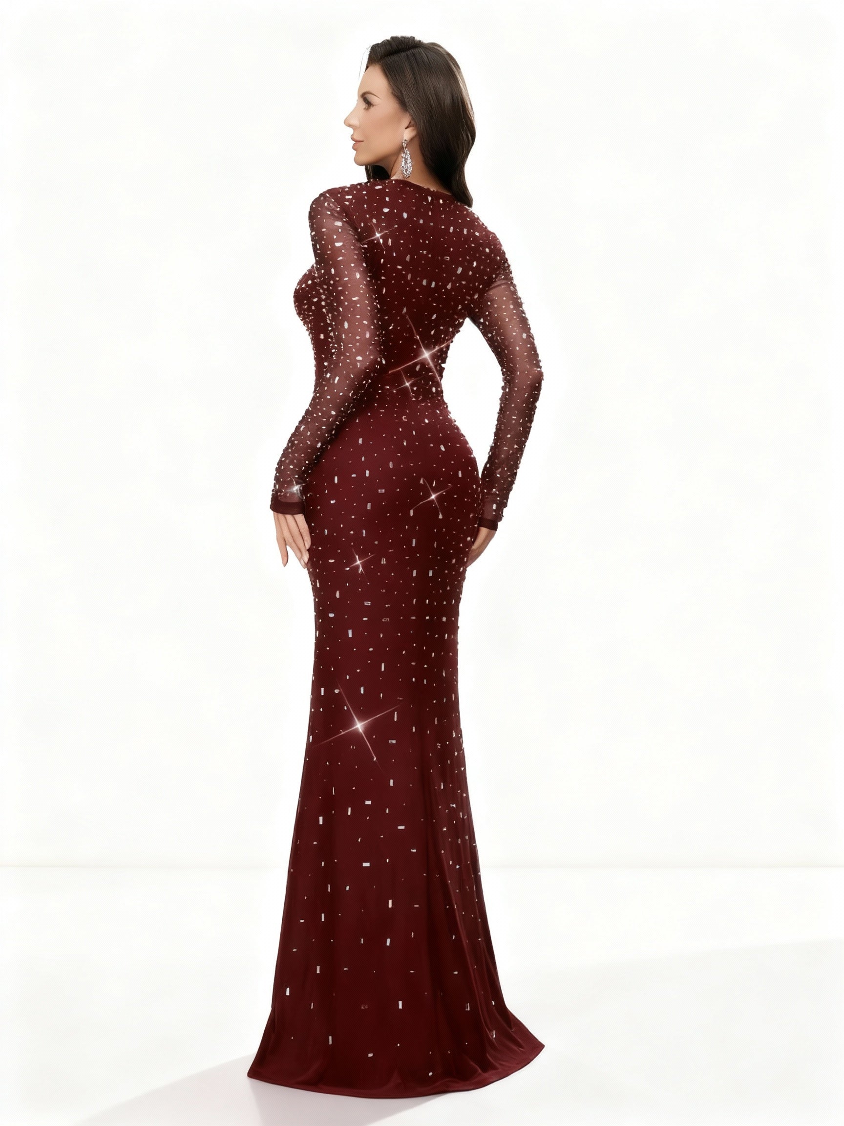 Sovae | Elegantes Abendkleid mit Strass und Langarm im Meerjungfrauenstil