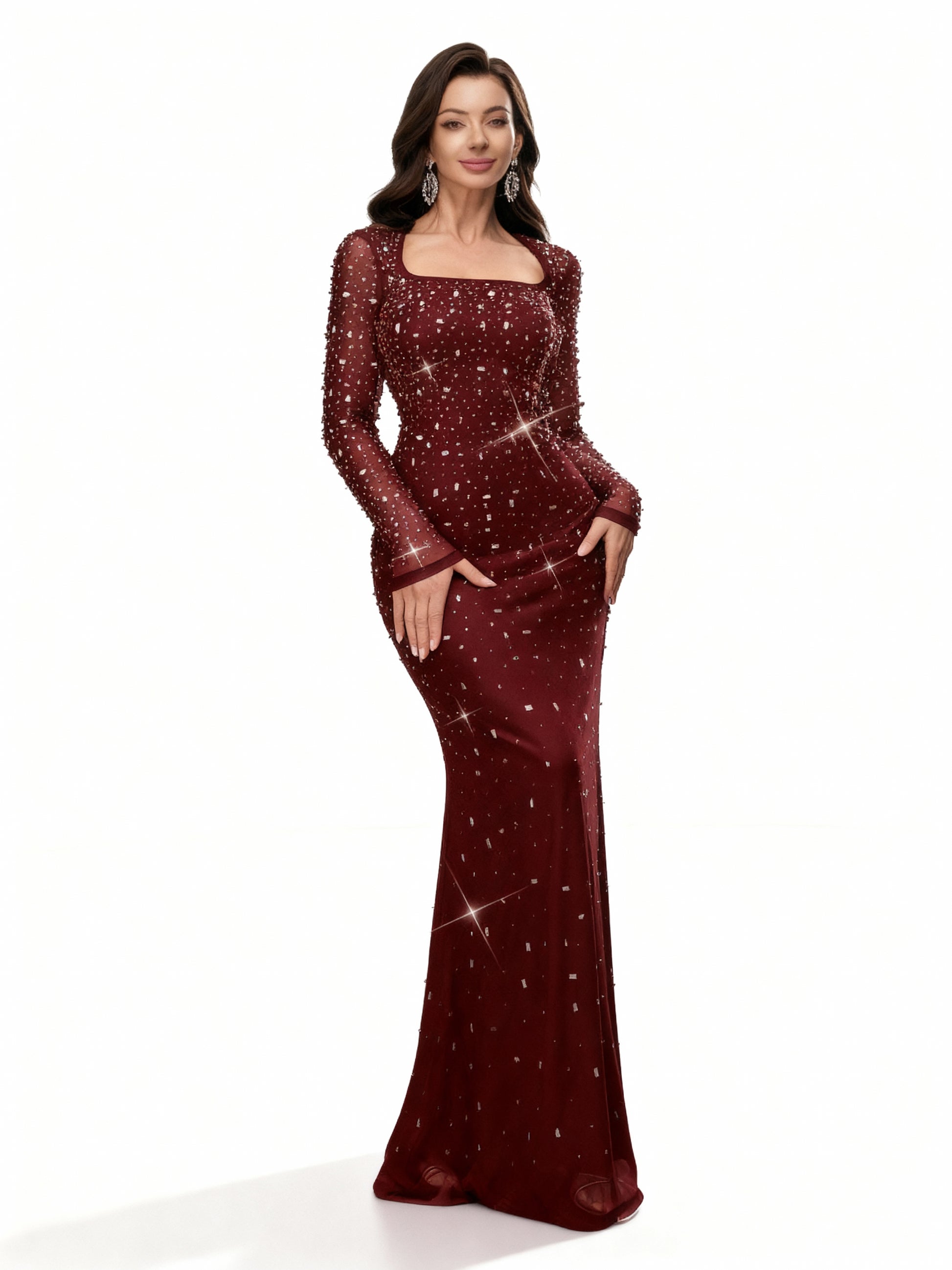 Sovae | Elegantes Abendkleid mit Strass und Langarm im Meerjungfrauenstil