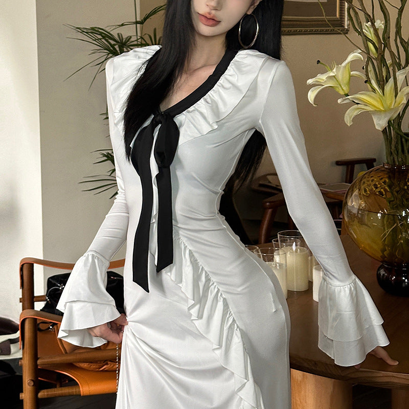 Damen Elegantes Maxikleid mit Rüschendetails und elegantem Bindeband Sovae