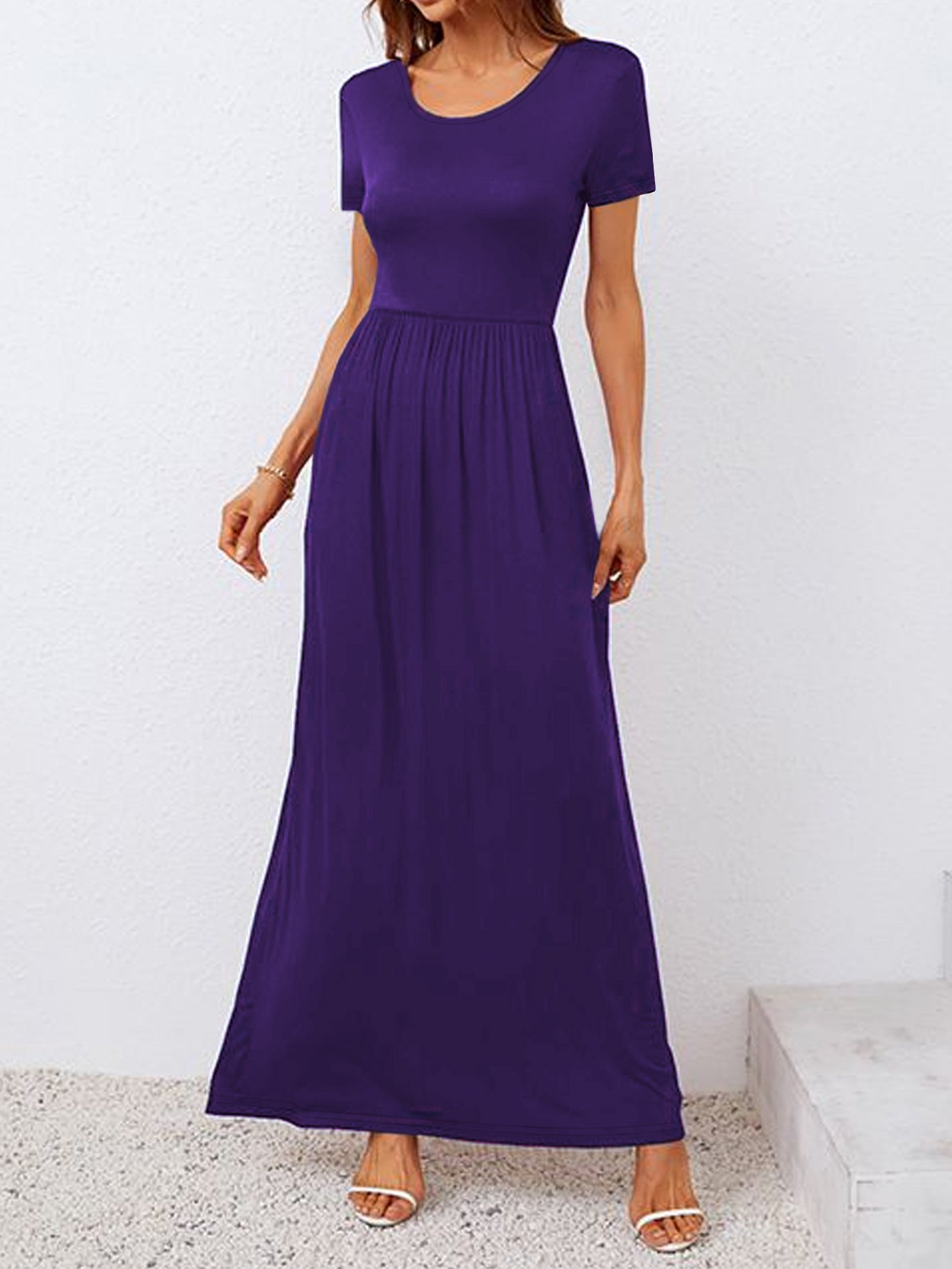 Damen Komfortables Maxikleid mit kurzen Ärmeln und elastischer Taille Sovae