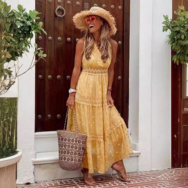 Damen Langarm Maxikleid mit filigranem Spitzenbesatz Sovae