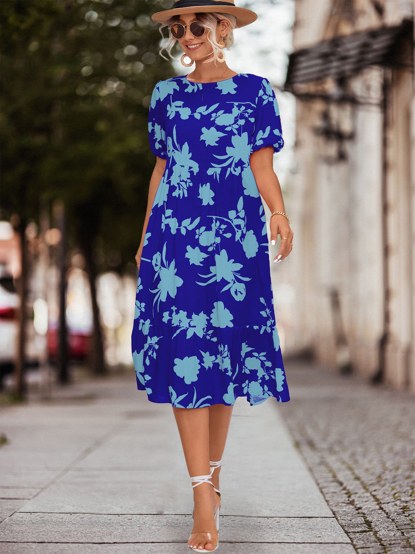 Damen Fließendes Maxikleid mit floralem Design und voluminösen Ärmeln Sovae