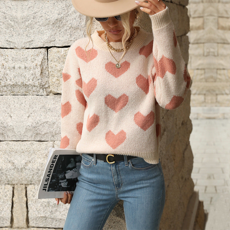 Damen Kuscheliger Strickpullover mit Herzmotiv Sovae