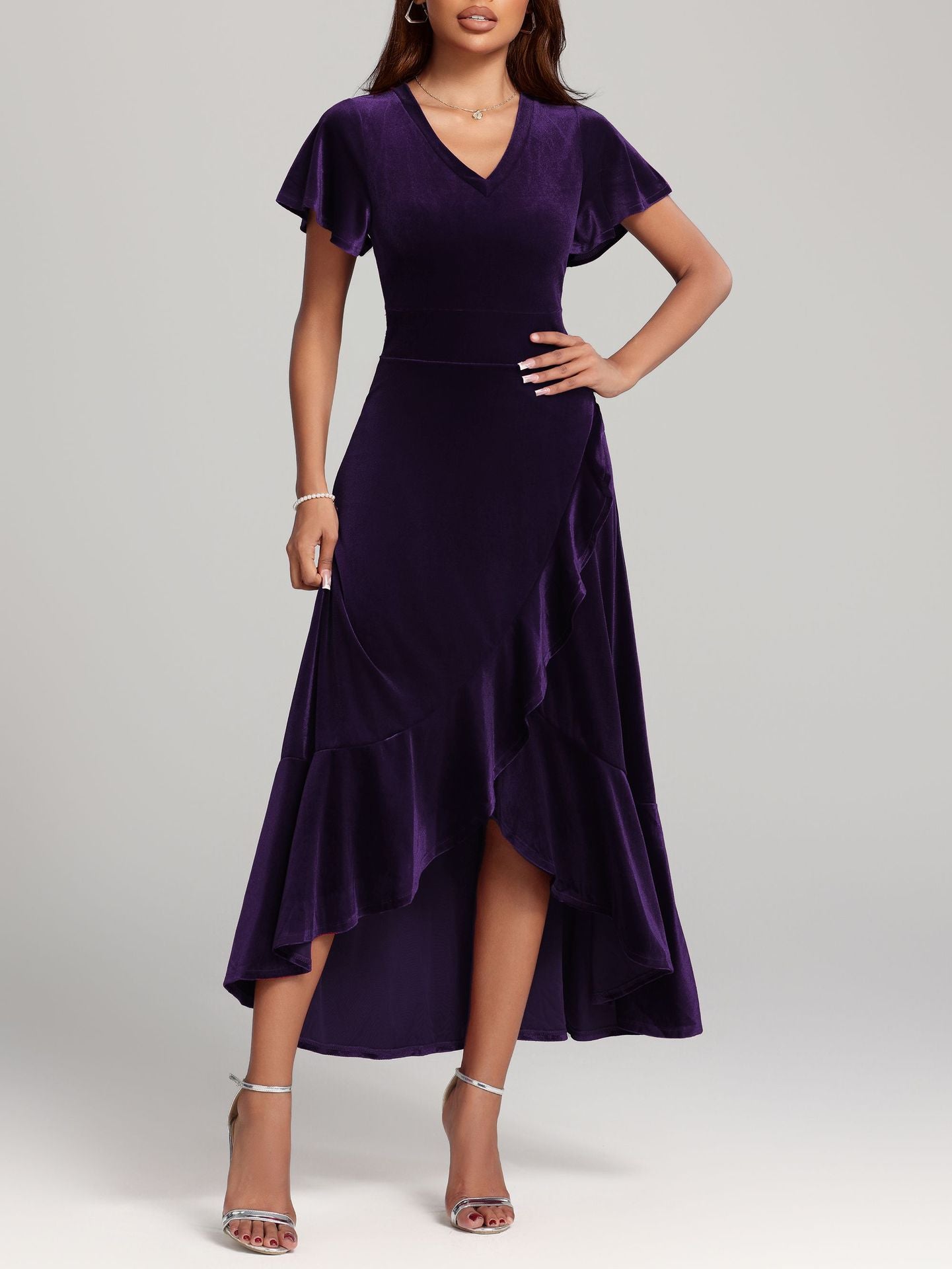 Damen elegantes Maxikleid mit Rüschenärmel und asymmetrischem Saum Sovae