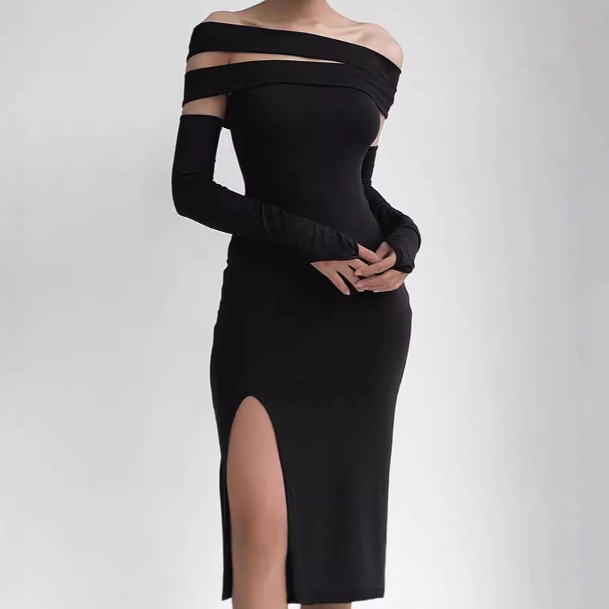 Damen Elegantes Maxikleid mit Off-Shoulder-Dekolleté und langem Schlitz Sovae