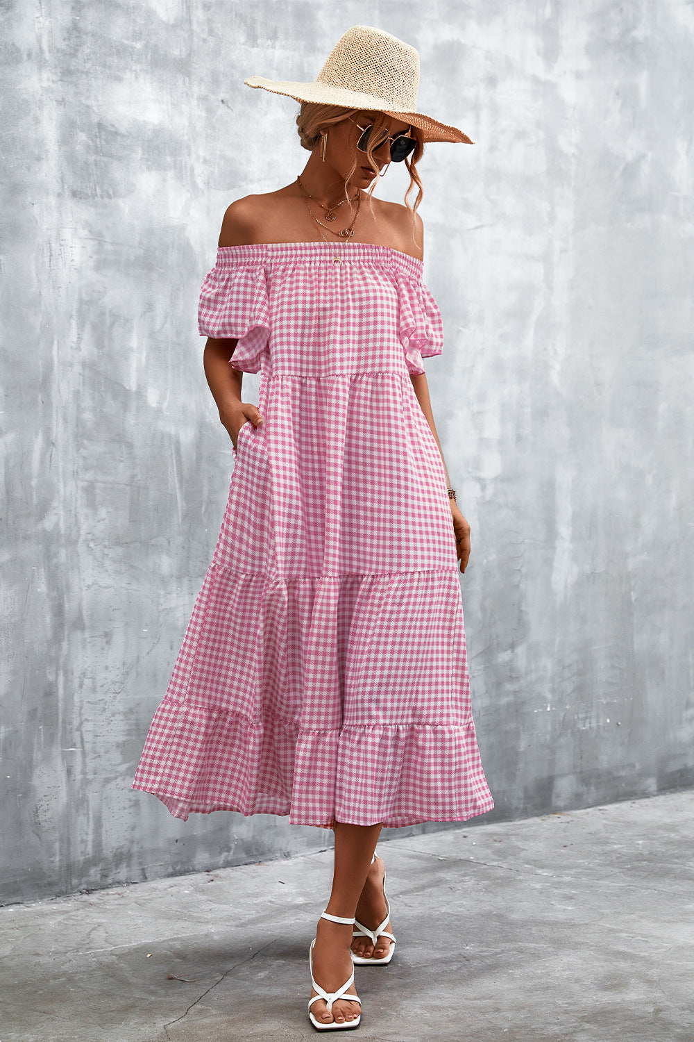 Damen Fließendes Maxikleid mit off-shoulder Design und Rüschensaum Sovae