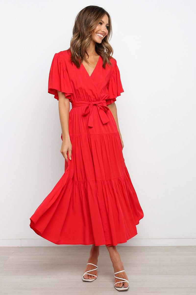 Damen Fließendes Maxi-Kleid mit Wickelbindung und Schmetterlingsärmeln Sovae