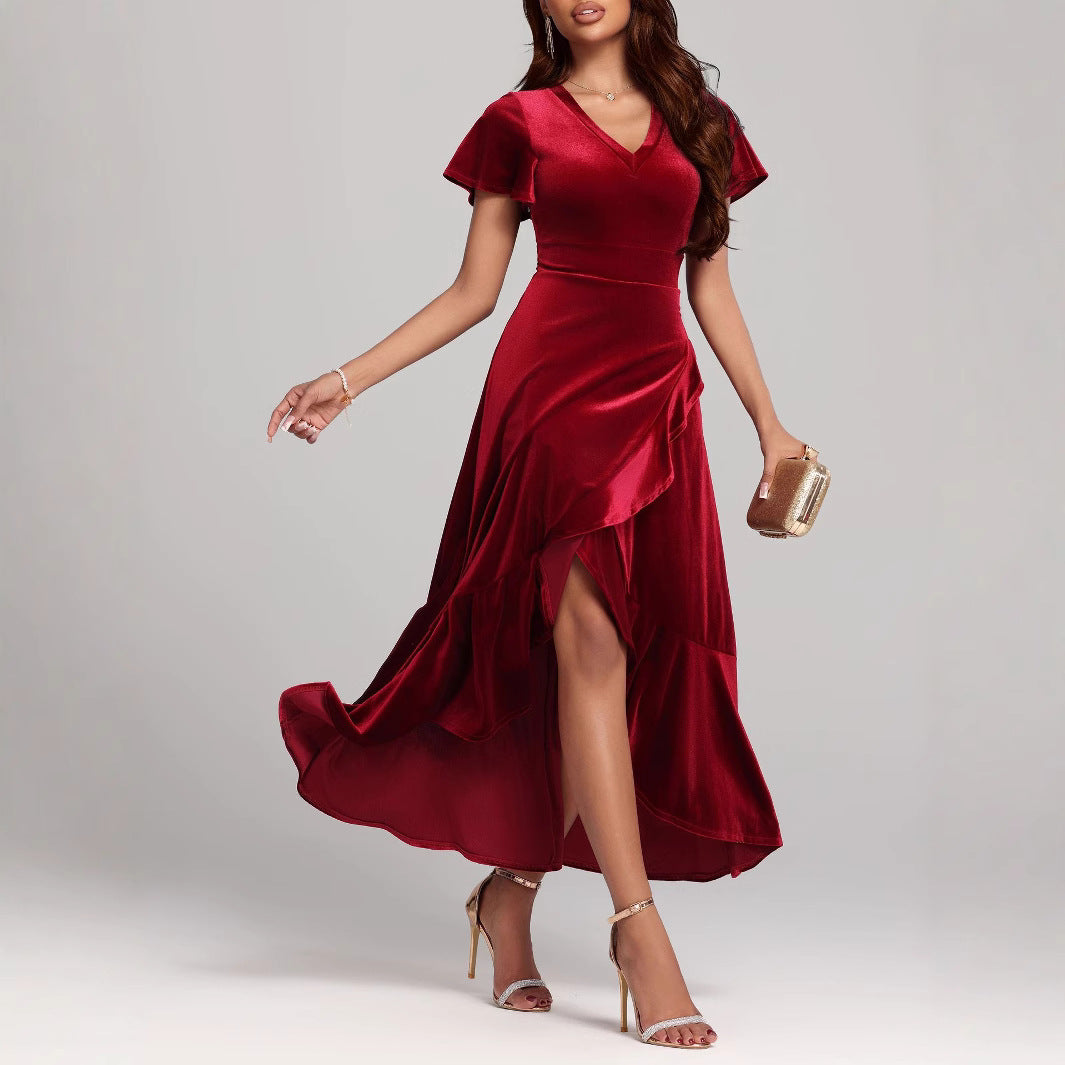 Damen elegantes Maxikleid mit Rüschenärmel und asymmetrischem Saum Sovae
