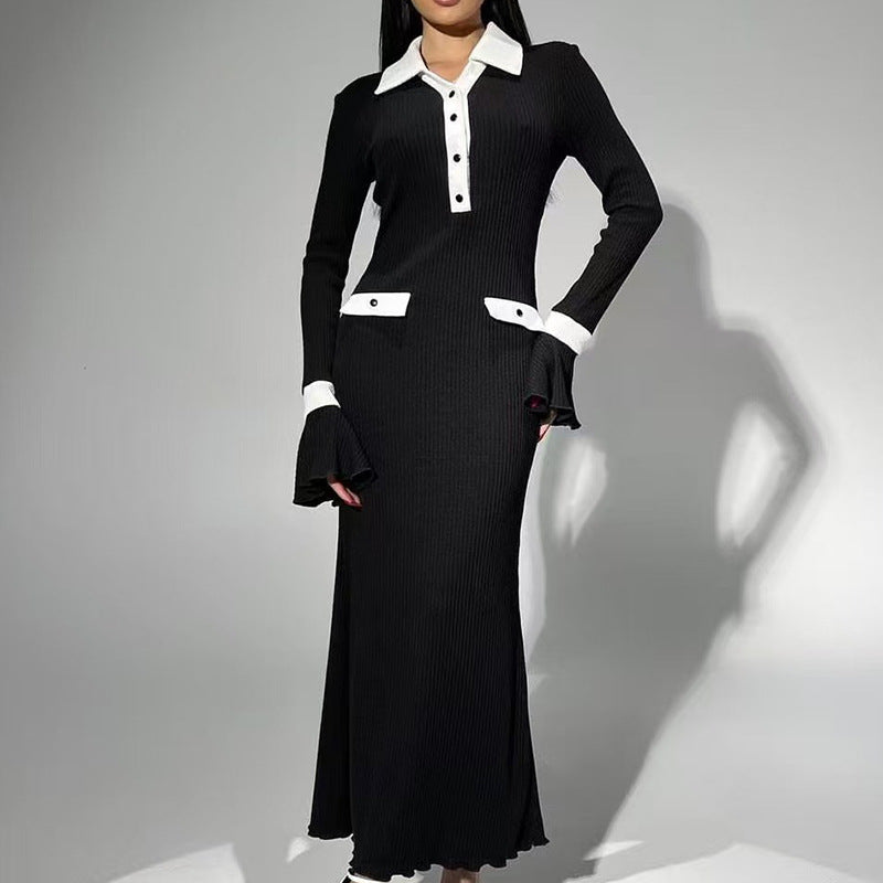 Damen elegantes Maxikleid mit Kragen und nostalgischem Knopfdesign Sovae