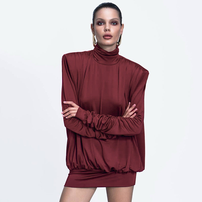 Damen stylisches Oversized-Oberteil mit hohem Kragen und Raffung Sovae