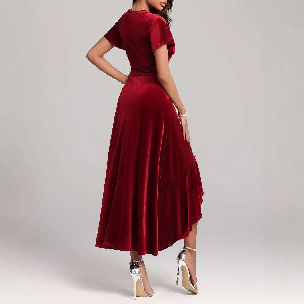 Damen elegantes Maxikleid mit Rüschenärmel und asymmetrischem Saum Sovae