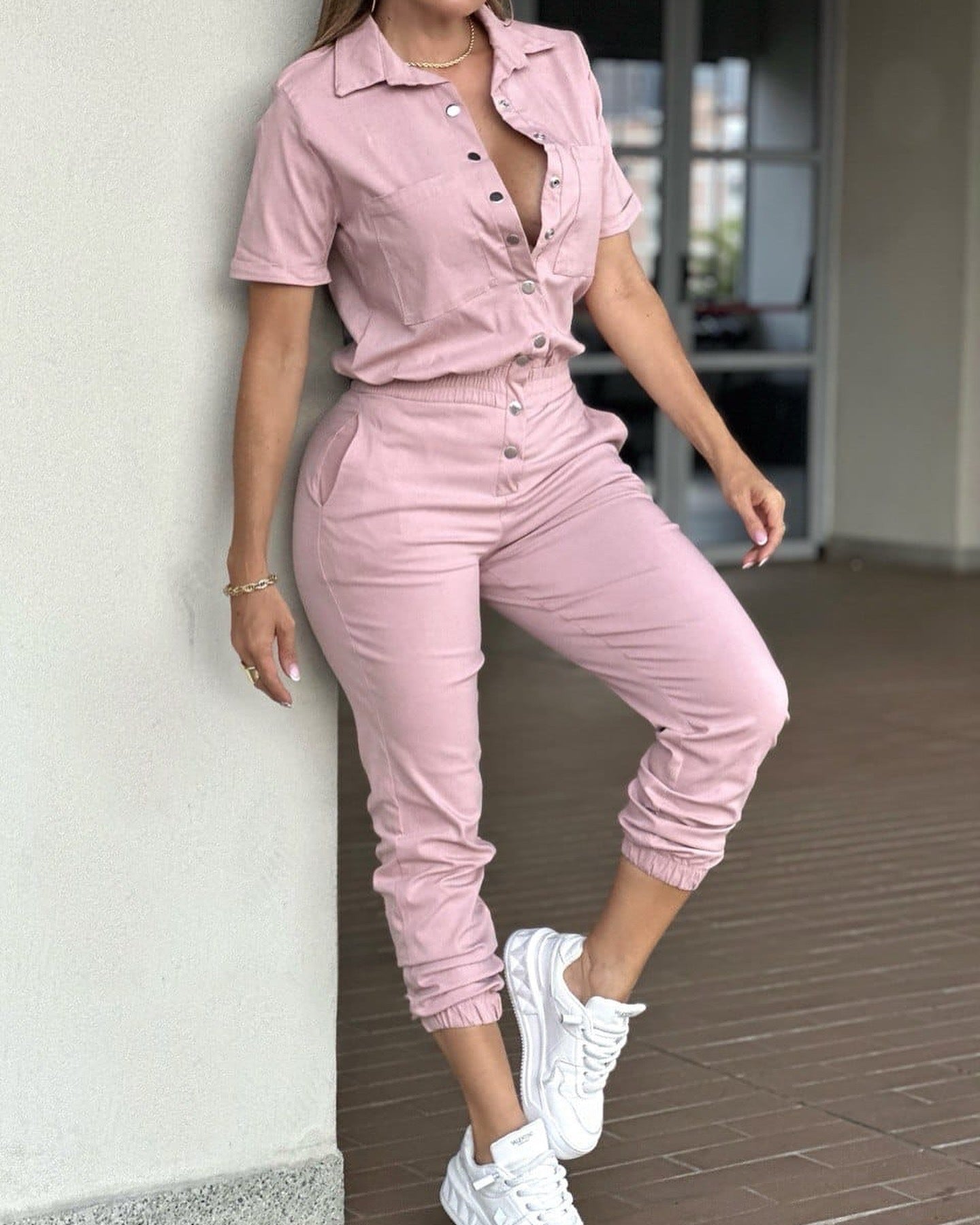 Damen Trendiger Kurzoverall mit Hemdkragen und elastischer Taille Sovae