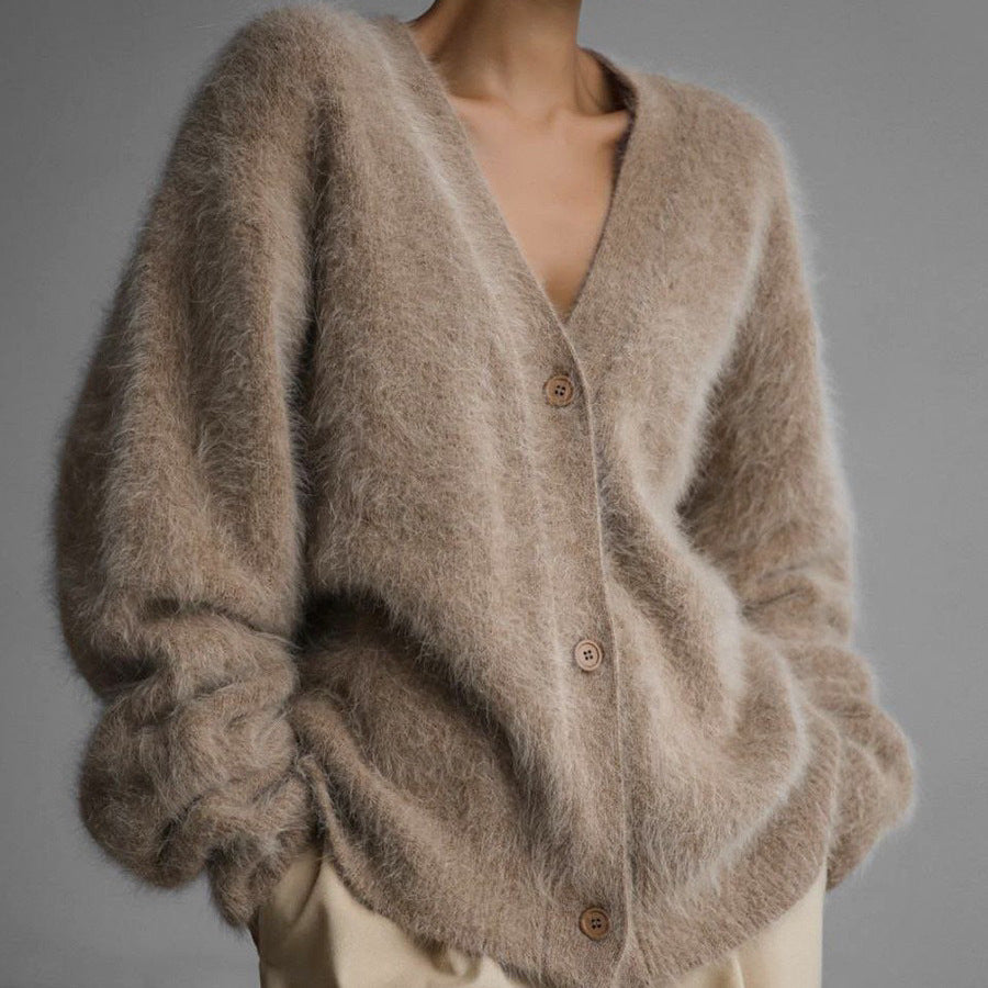 Damen kuschelige Strickjacke mit weichem Mohair-Mix und eleganter Knopfleiste Sovae