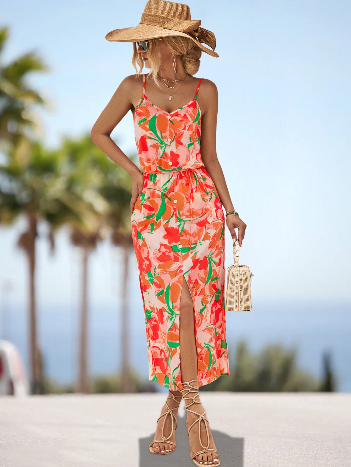 Damen Maxikleid mit floralem Design und elastischem Taillenbund Sovae