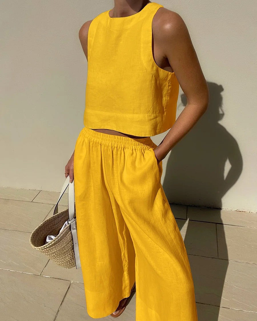 Damen luftiges und modernes Leinen-Set mit Cropped Top und weitem Hose Sovae