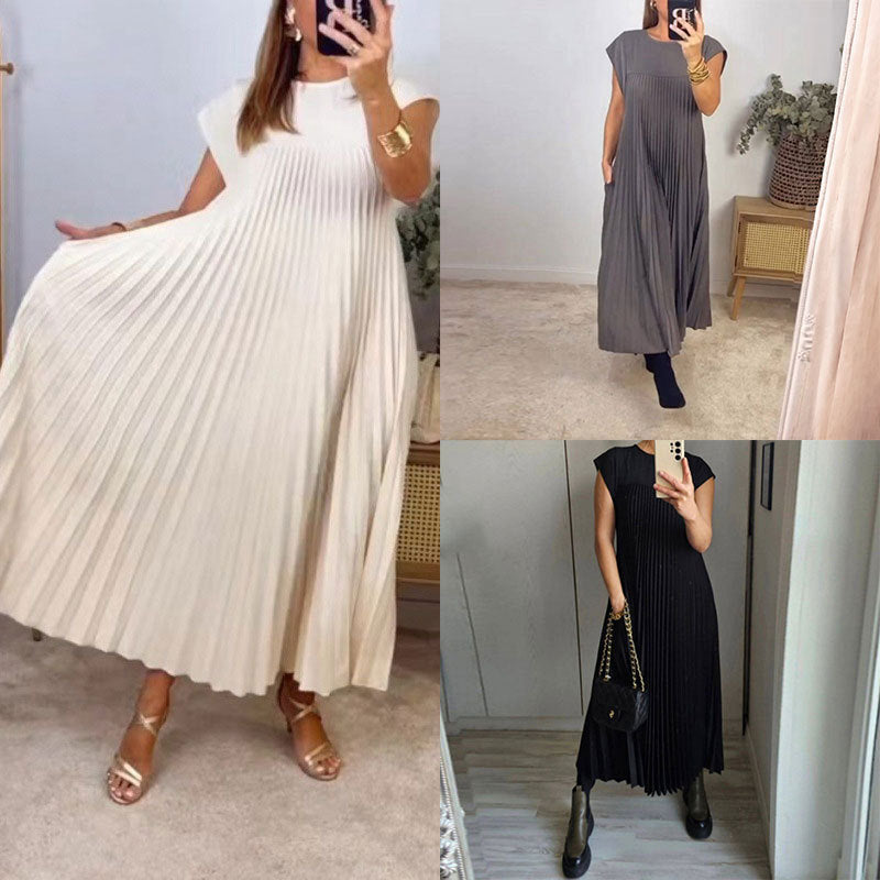 Damen Plissee Maxikleid mit praktischem Taschen und elegantem Schnitt Sovae