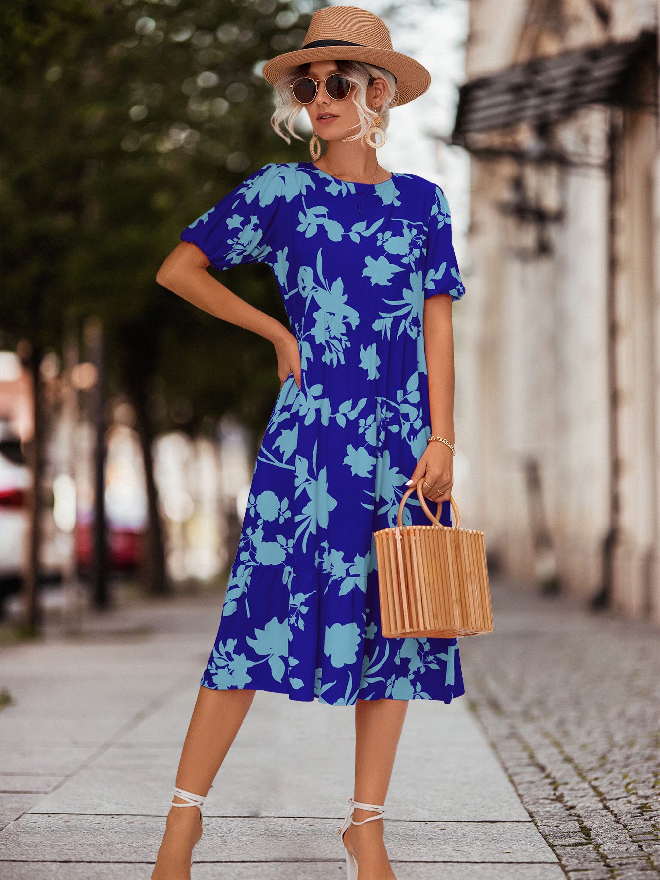 Damen Fließendes Maxikleid mit floralem Design und voluminösen Ärmeln Sovae