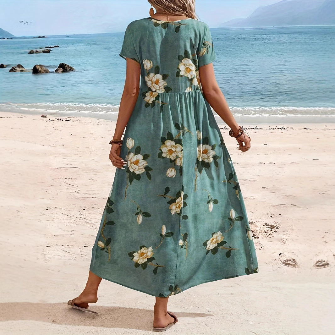 Damen Maxikleid mit floralem Design und elastischem Taillenband Sovae