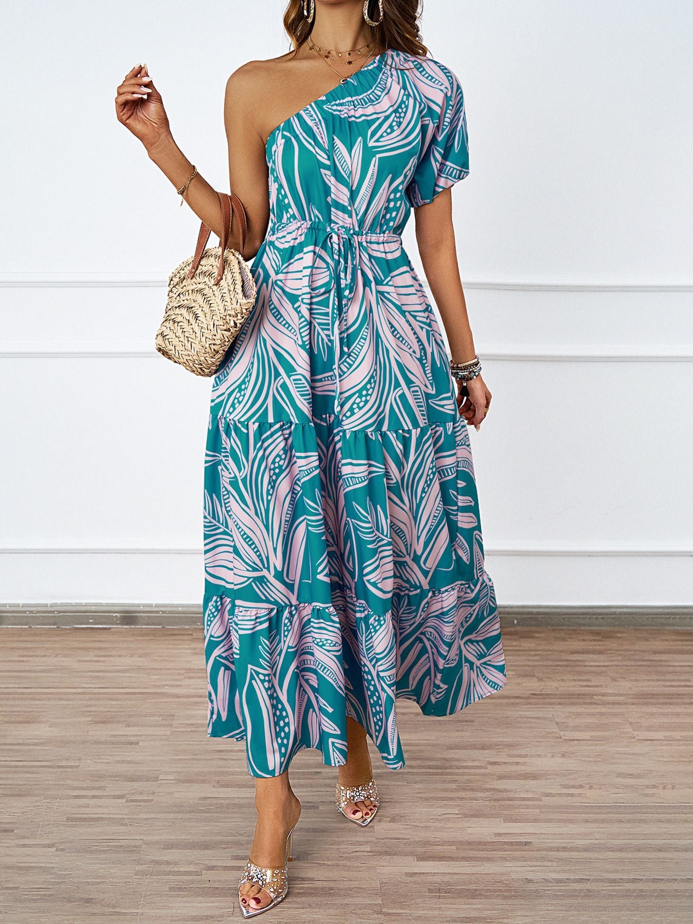 Damen Maxikleid mit asymmetrischem Träger und Rüschendetails Sovae
