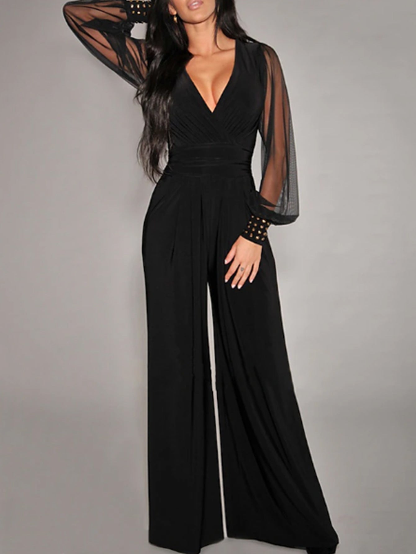 Damen Eleganter Jumpsuit mit transparenten Puffärmeln und modernem V-Ausschnitt Sovae