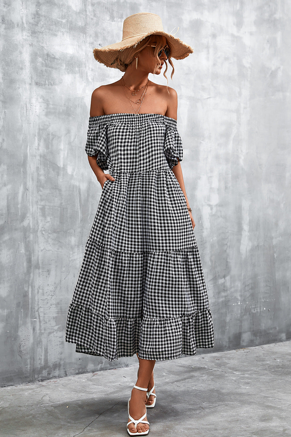 Damen Fließendes Maxikleid mit off-shoulder Design und Rüschensaum Sovae