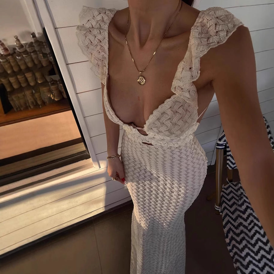 Damen Elegantes Maxikleid mit raffinierten Rüschendetails und tiefem V-Ausschnitt Sovae