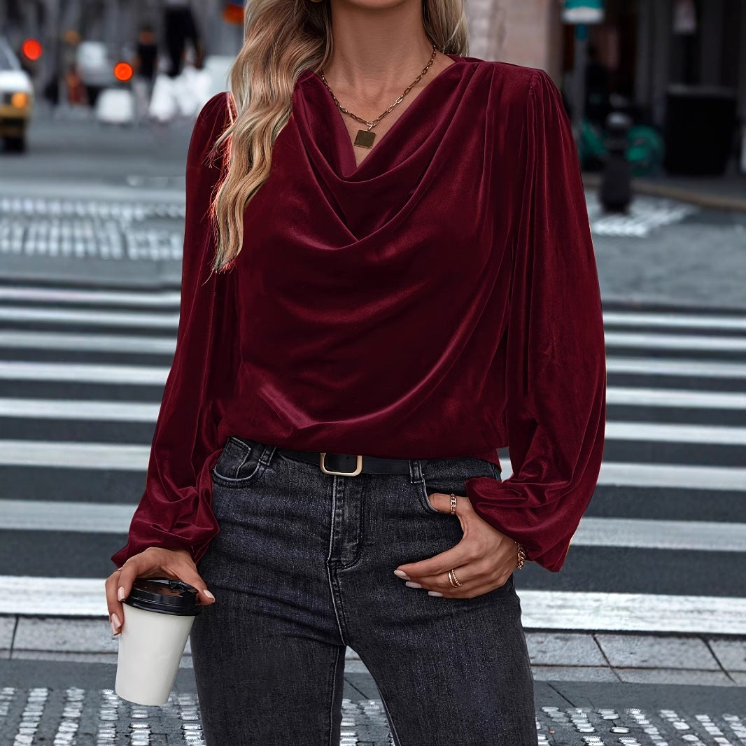 Damen elegante Bluse mit Wasserfall-Ausschnitt und langen Ärmeln Sovae