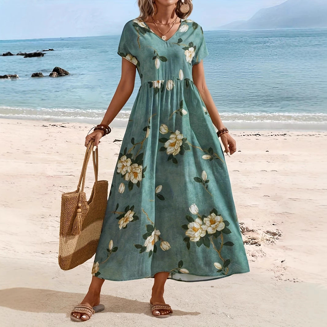 Damen Maxikleid mit floralem Design und elastischem Taillenband Sovae