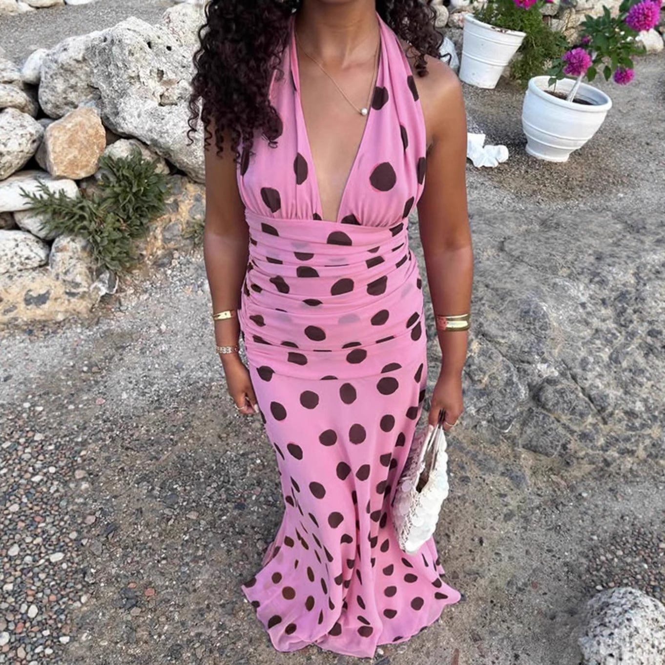 Damen Elegantes Maxikleid mit Punkten und tiefem V-Ausschnitt Sovae