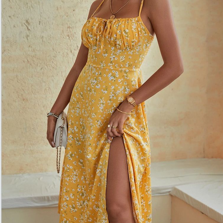 Damen Maxikleid mit floralem Design und elegantem Schlitz Sovae