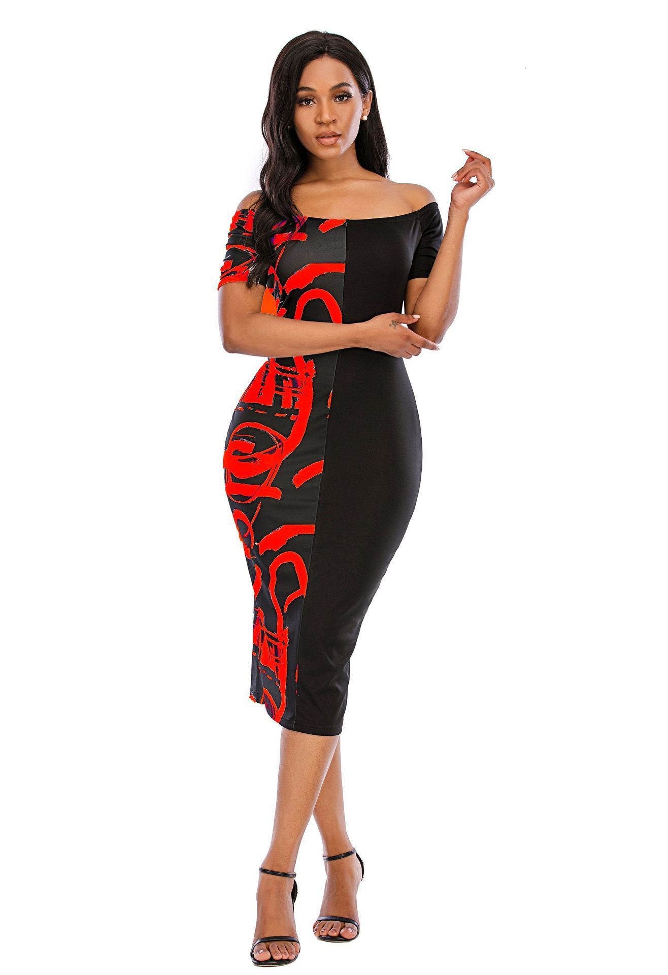 Damen Elegantes Off-Shoulder-Midikleid mit grafischem Druck und taillierter Silhouette Sovae