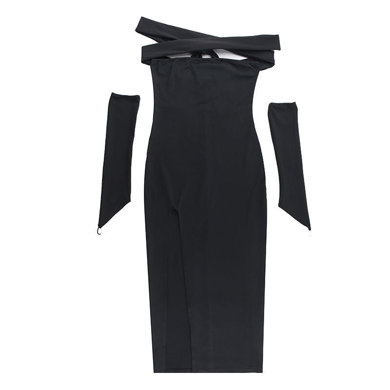 Damen Elegantes Maxikleid mit Off-Shoulder-Dekolleté und langem Schlitz Sovae