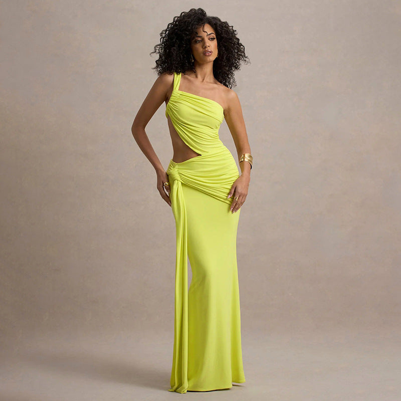 Damen elegantes asymmetrisches Maxikleid mit Raffungen und Cut-Out-Design Sovae