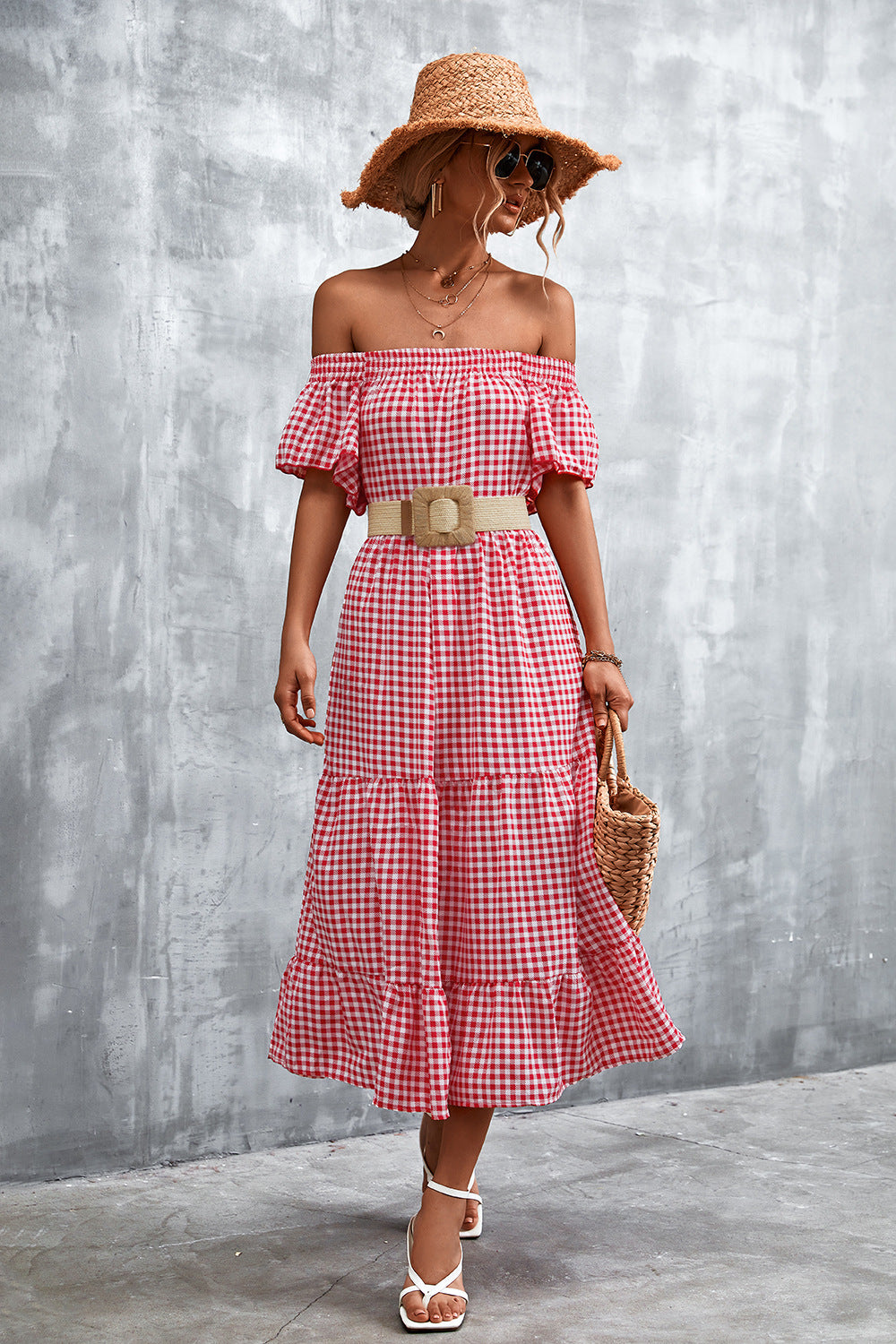 Damen Fließendes Maxikleid mit off-shoulder Design und Rüschensaum Sovae