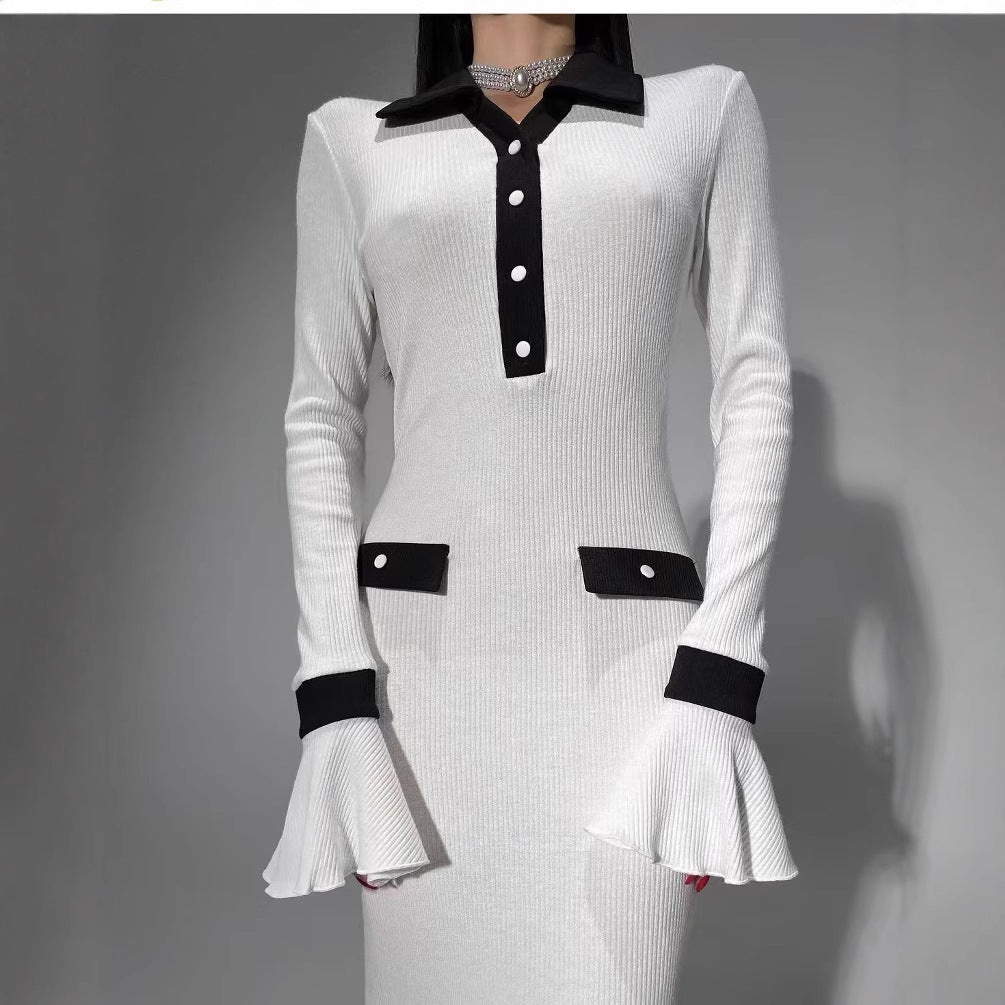 Damen elegantes Maxikleid mit Kragen und nostalgischem Knopfdesign Sovae