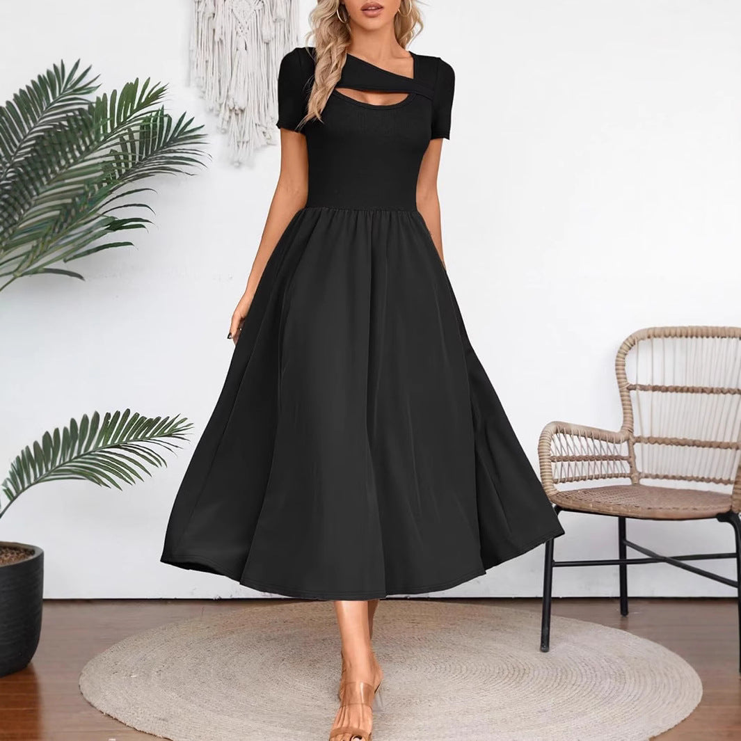 Damen elegantes Maxikleid mit asymmetrischem Ausschnitt und tanzendem Rock Sovae