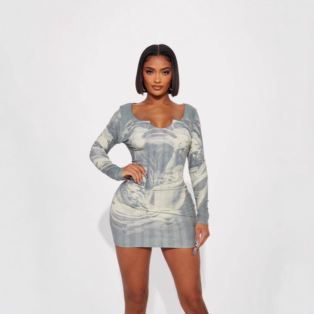 Damen figurbetontes Kleid mit tiefem Ausschnitt und langem Arm Sovae