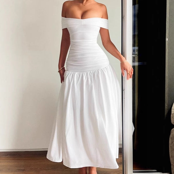 Damen Hochwertiges Off-Shoulder Maxikleid mit tailliertem Schnitt und fließendem Rock Sovae