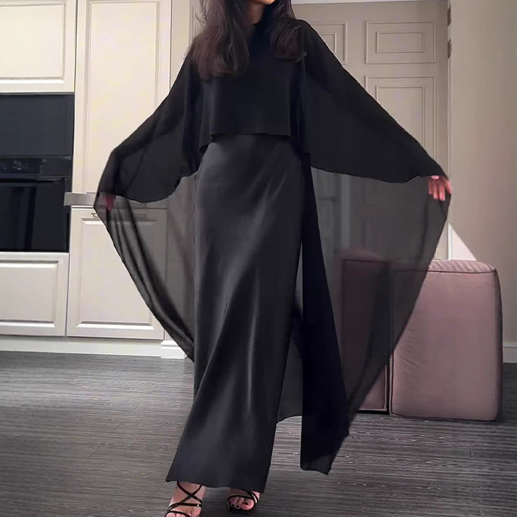 Damen Maxikleid mit fließendem Satin und transparentem Überwurf Sovae