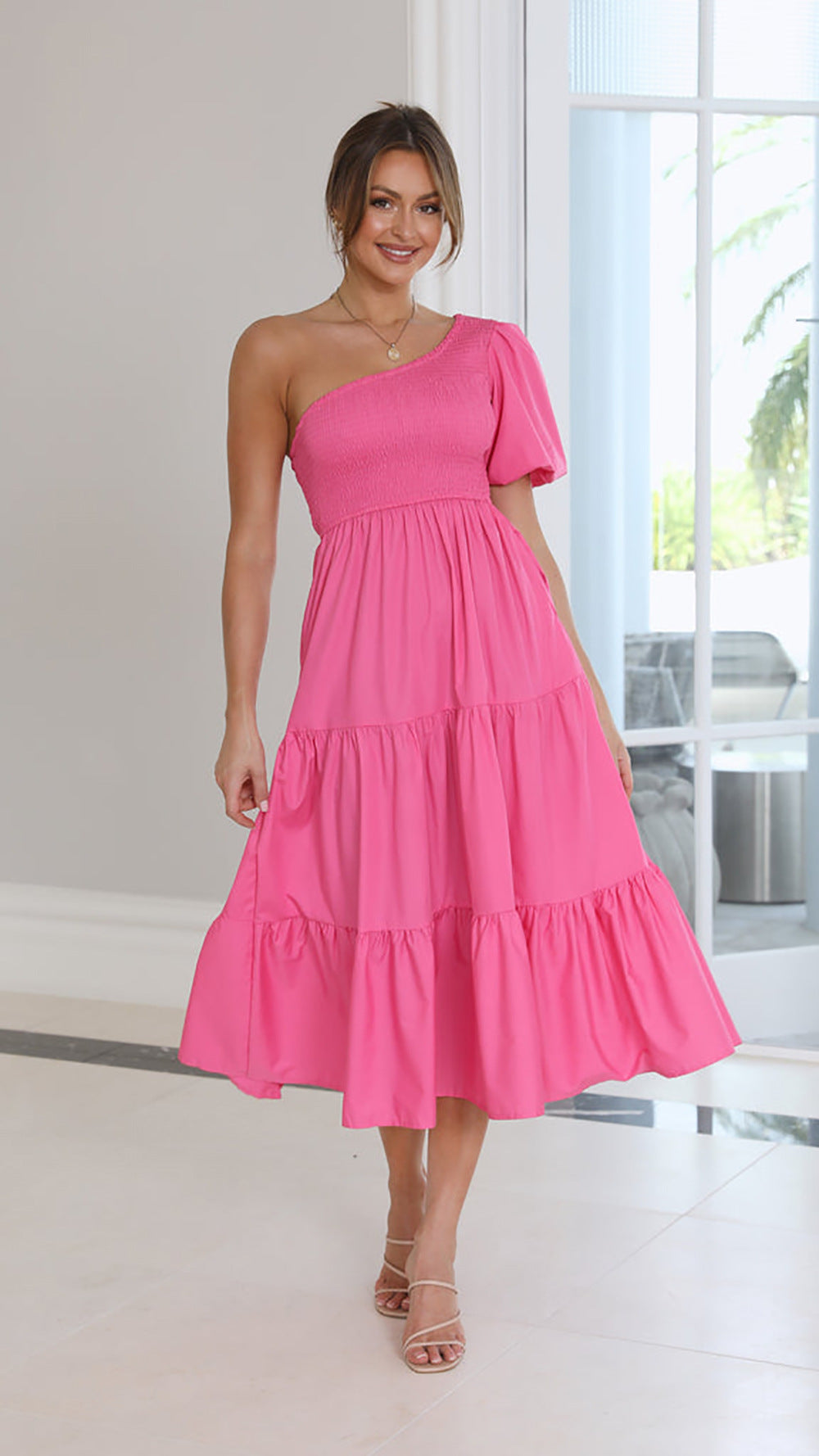 Damen Midi-Strandkleid mit asymmetrischem Schnitt und Rüschendetails Sovae