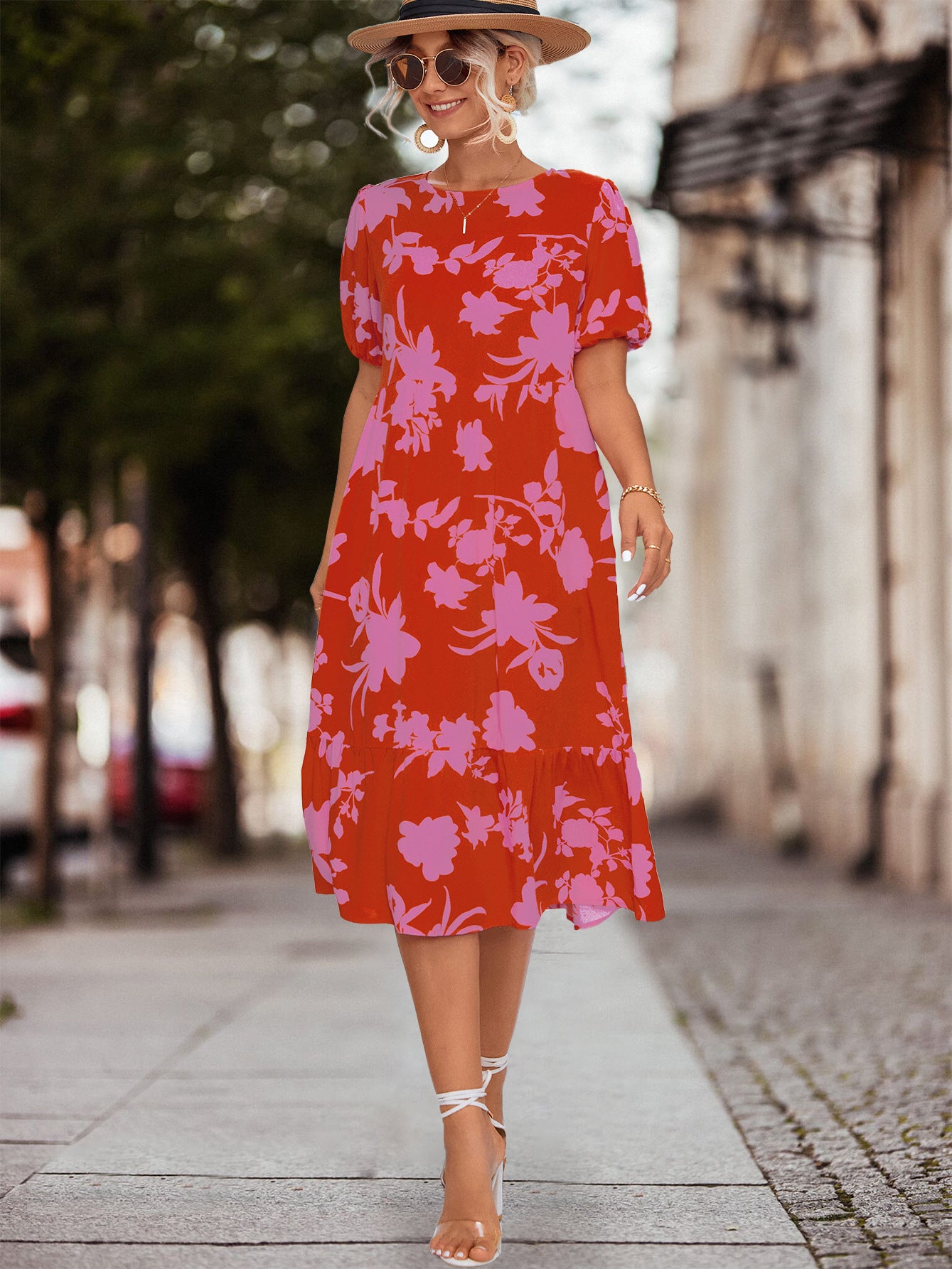 Damen Fließendes Maxikleid mit floralem Design und voluminösen Ärmeln Sovae