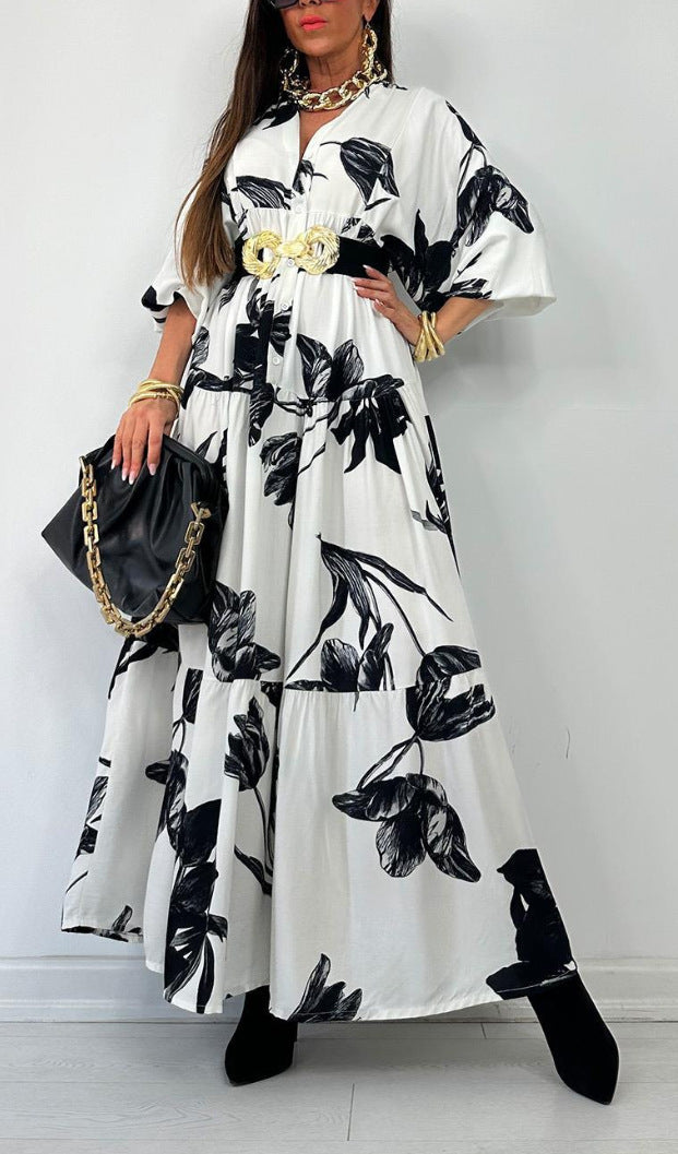 Damen Maxikleid mit floralem Design und Knopfdetails Sovae