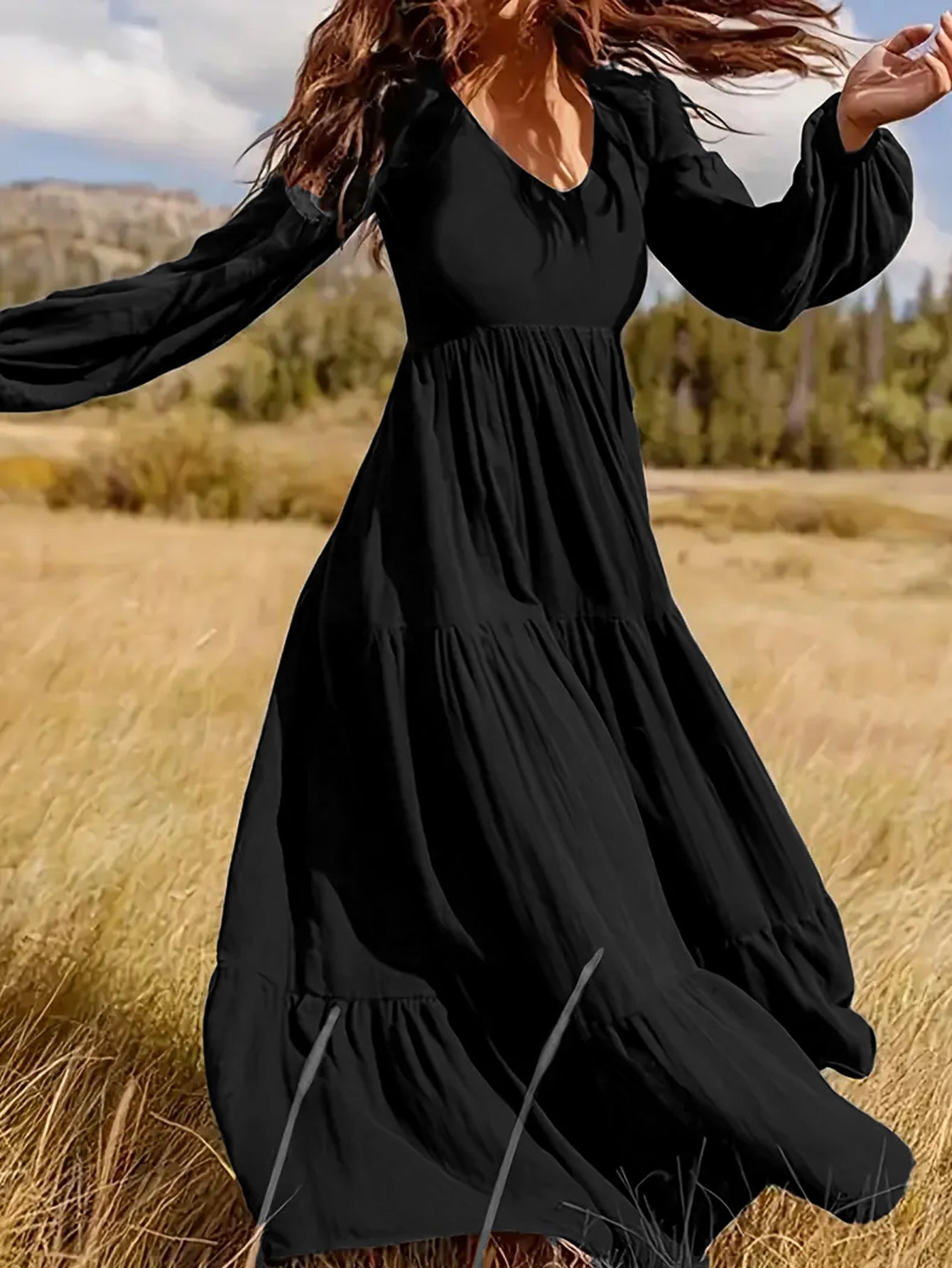 Damen fließendes Maxikleid mit V-Ausschnitt und eleganten Puffärmeln Sovae