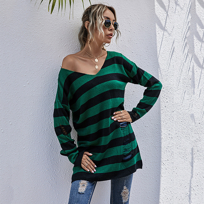 Damen gestreifter Oversized Pullover mit tiefem V-Ausschnitt und trendigen Cut-Outs Sovae